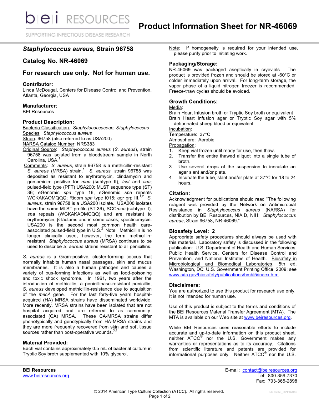Staphylococcus Aureus, Strain 96758 Catalog No
