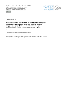 Supplement of Summertime Nitrate Aerosol in the Upper Troposphere and Lower Stratosphere Over the Tibetan Plateau and the South Asian Summer Monsoon Region