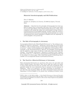 Historical Astrolexicography and Old Publications