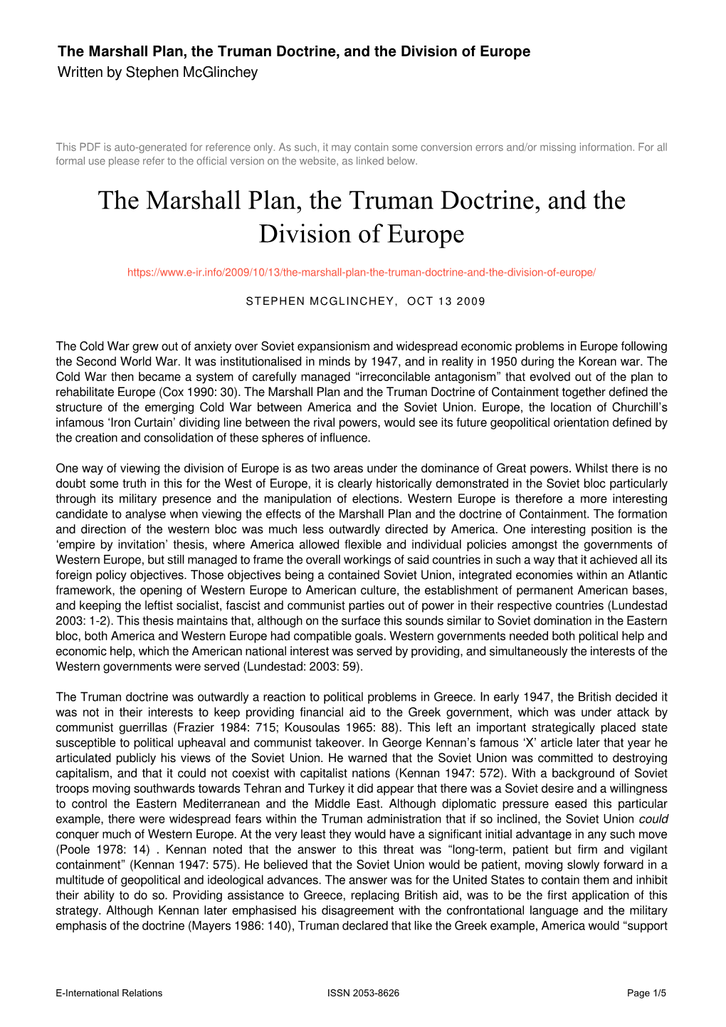 The Marshall Plan, the Truman Doctrine, and the Division of Europe Written by Stephen Mcglinchey