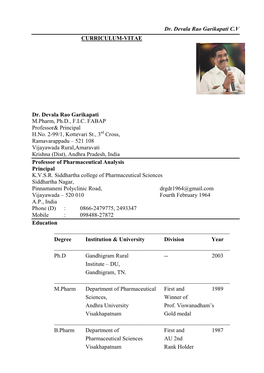 Dr. Devala Rao Garikapati C.V CURRICULUM-VITAE Dr. Devala