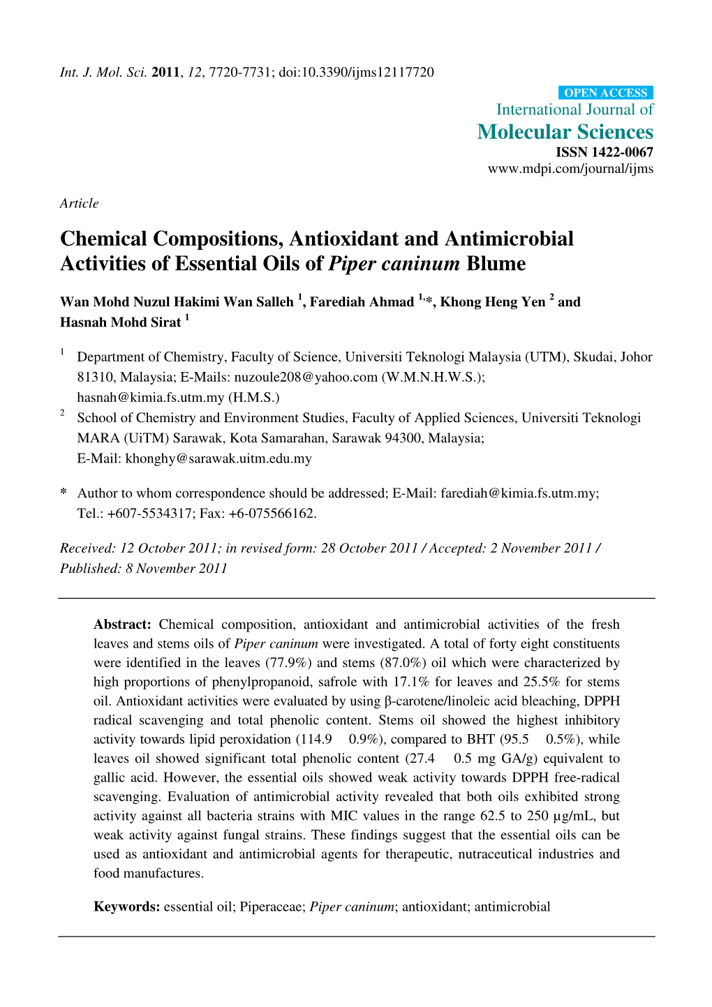 Chemical Compositions, Antioxidant and Antimicrobial Activities of Essential Oils of Piper Caninum Blume