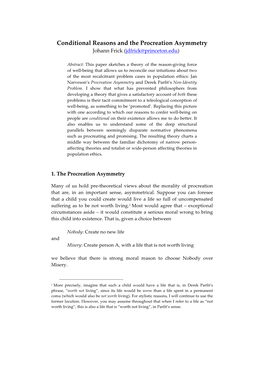 Conditional Reasons and the Procreation Asymmetry Johann Frick (Jdfrick@Princeton.Edu)