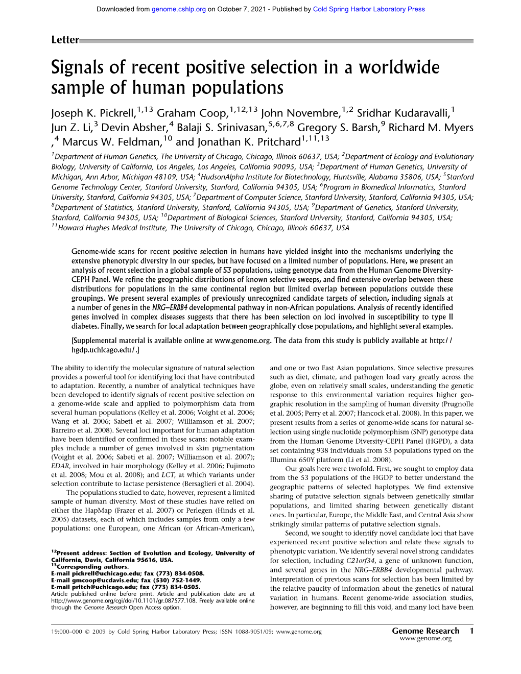 Signals of Recent Positive Selection in a Worldwide Sample of Human Populations