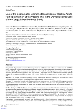 Use of Iris Scanning for Biometric Recognition of Healthy Adults Participating in an Ebola Vaccine Trial in the Democratic Republic of the Congo: Mixed Methods Study