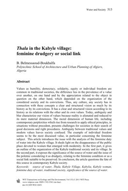 Thala in the Kabyle Village: Feminine Drudgery Or Social Link