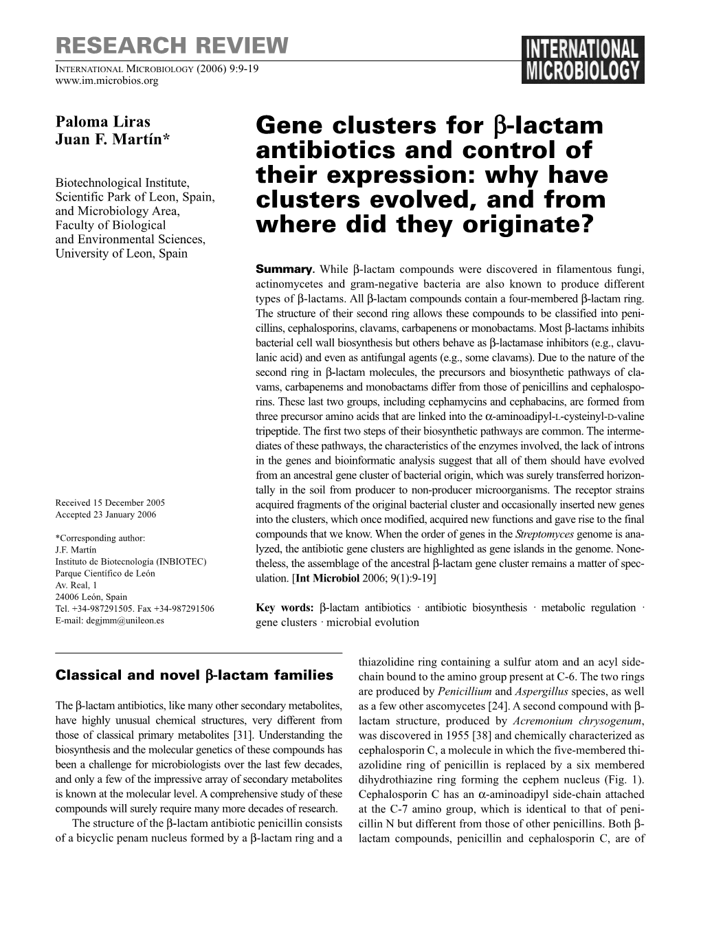 Gene Clusters for Β-Lactam Antibiotics and Control of Their Expression