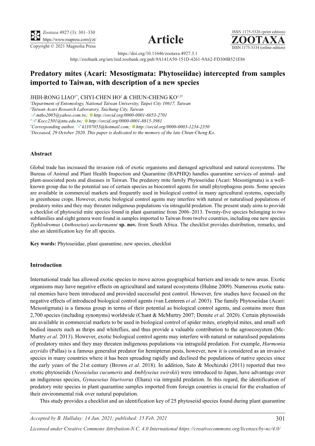 Predatory Mites (Acari: Mesostigmata: Phytoseiidae) Intercepted from Samples Imported to Taiwan, with Description of a New Species