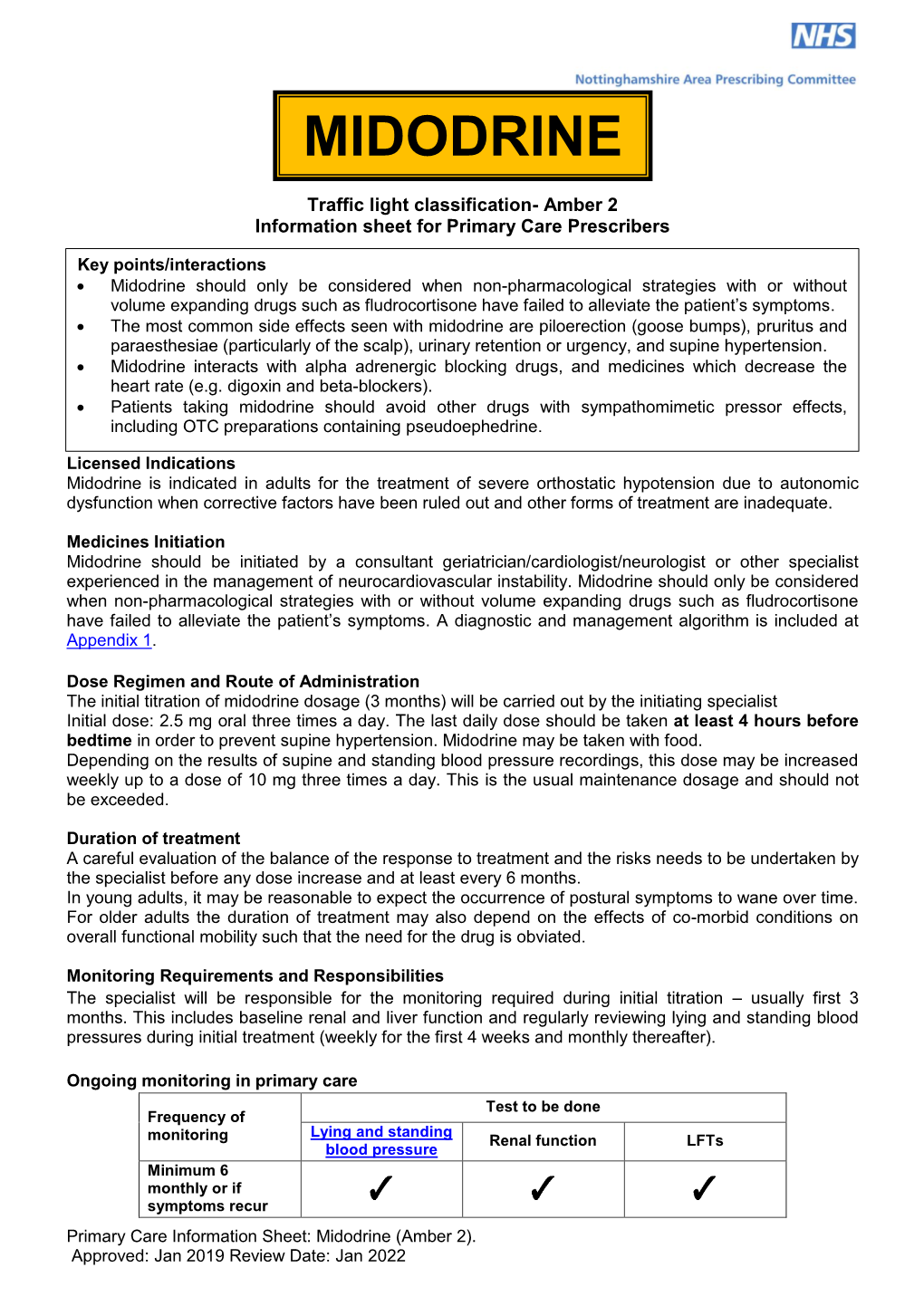 Midodrine Monitoring Guidance