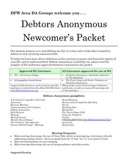 Debtors Anonymous Newcomer's Packet