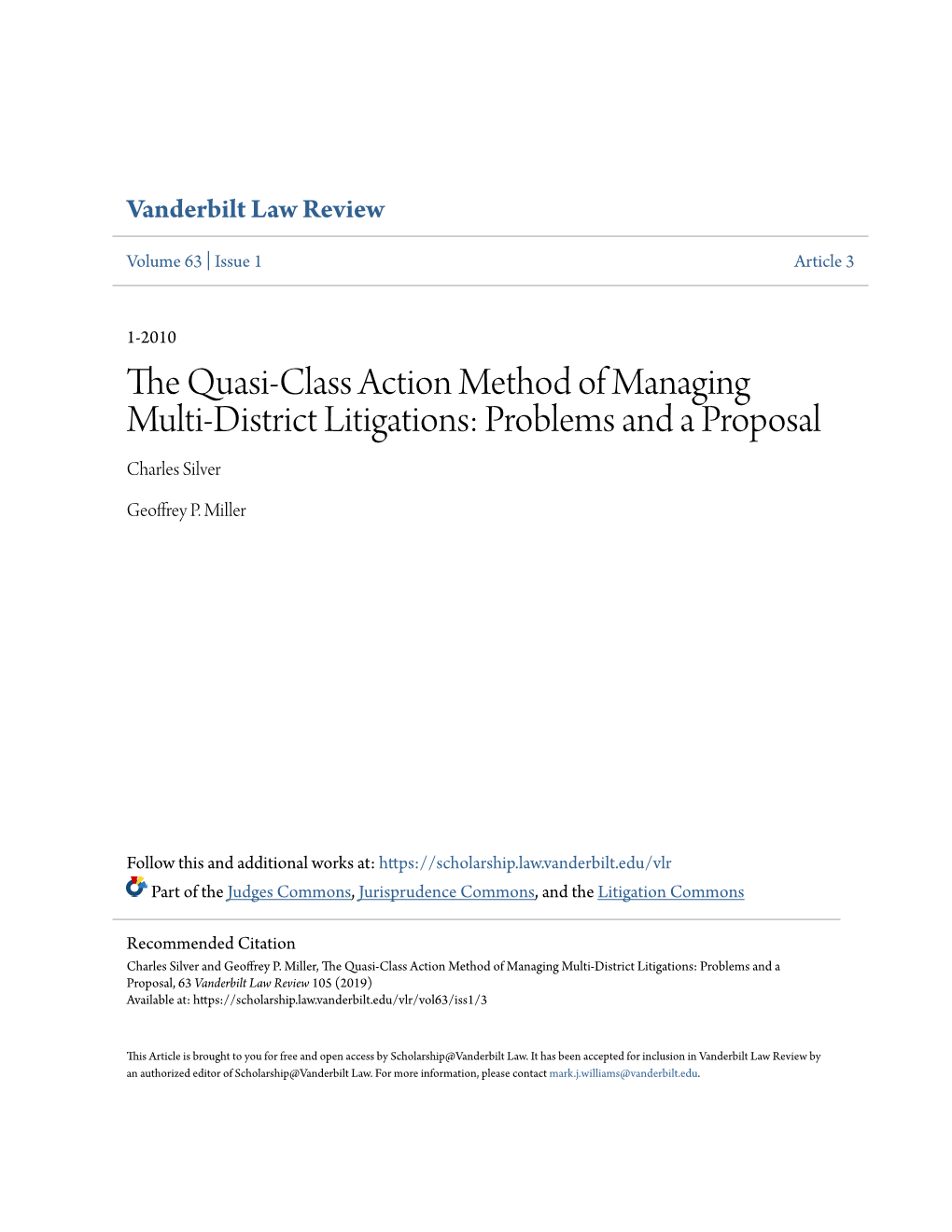 The Quasi-Class Action Method of Managing Multi-District Litigations: Problems and a Proposal Charles Silver