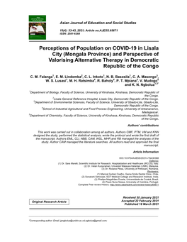 Perceptions of Population on COVID-19 in Lisala City (Mongala Province) and Perspective of Valorising Alternative Therapy in Democratic Republic of the Congo