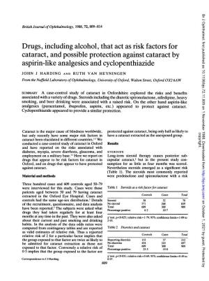 Drugs, Including Alcohol, That Act As Risk Factors for Cataract, and Possible Protection Against Cataract by Aspirin-Like Analgesics and Cyclopenthiazide