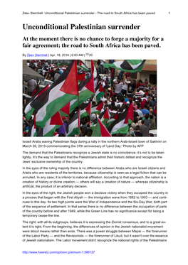 Zeev Sternhell Unconditional Palestinian Surrender - the Road to South Africa Has Been Paved 1