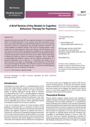 A Brief Review of Key Models in Cognitive Behaviour Therapy For