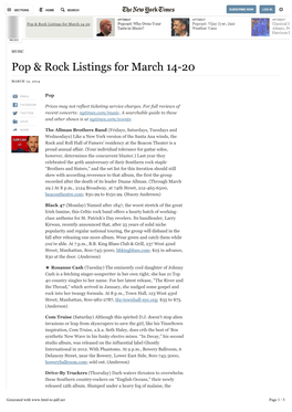 Pop & Rock Listings for March 14-20