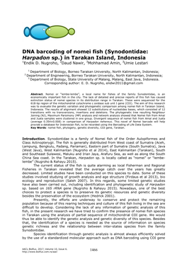 DNA Barcoding of Nomei Fish (Synodontidae: Harpadon Sp.) in Tarakan Island, Indonesia 1Endik D