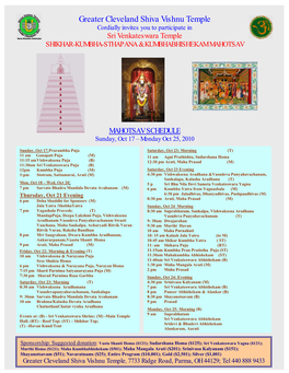 Greater Cleveland Shiva Vishnu Temple Cordially Invites You to Participate in Sri Venkateswara Temple SHIKHAR-KUMBHA-STHAPANA & KUMBHABHISHEKAM MAHOTSAV