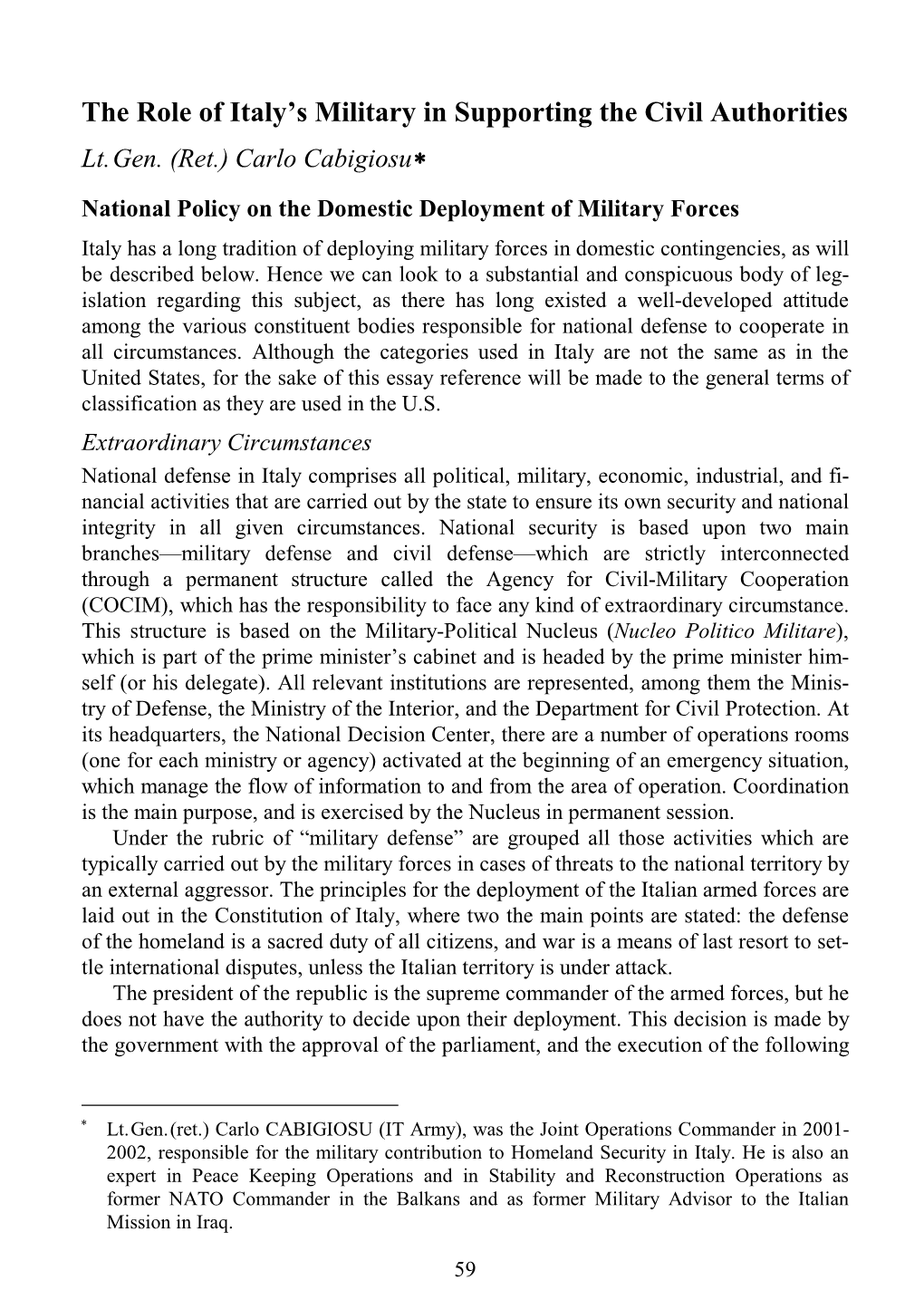 The Role of Italy's Military in Supporting the Civil Authorities