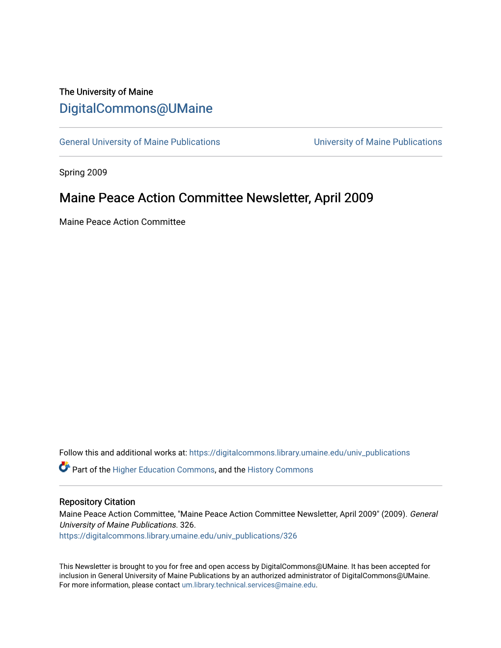 Maine Peace Action Committee Newsletter, April 2009