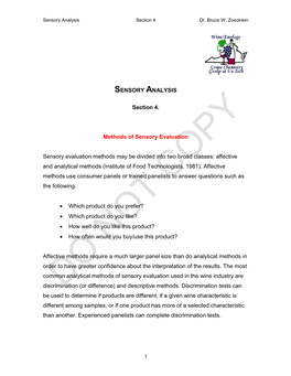 SENSORY ANALYSIS Section 4. Methods of Sensory Evaluation