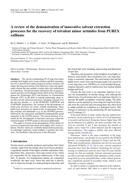 A Review of the Demonstration of Innovative Solvent Extraction Processes for the Recovery of Trivalent Minor Actinides from PUREX Rafﬁnate