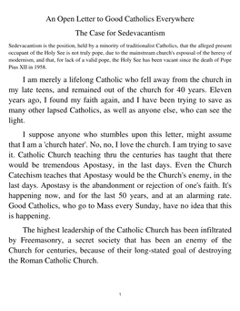 An Open Letter to Good Catholics Everywhere the Case for Sedevacantism