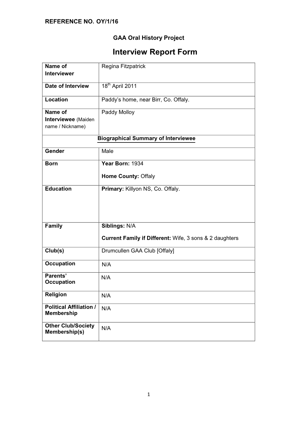 GAA Oral History Project Interview Report Form