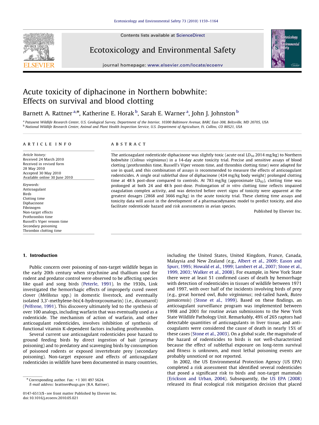 Acute Toxicity of Diphacinone in Northern Bobwhite Effects On