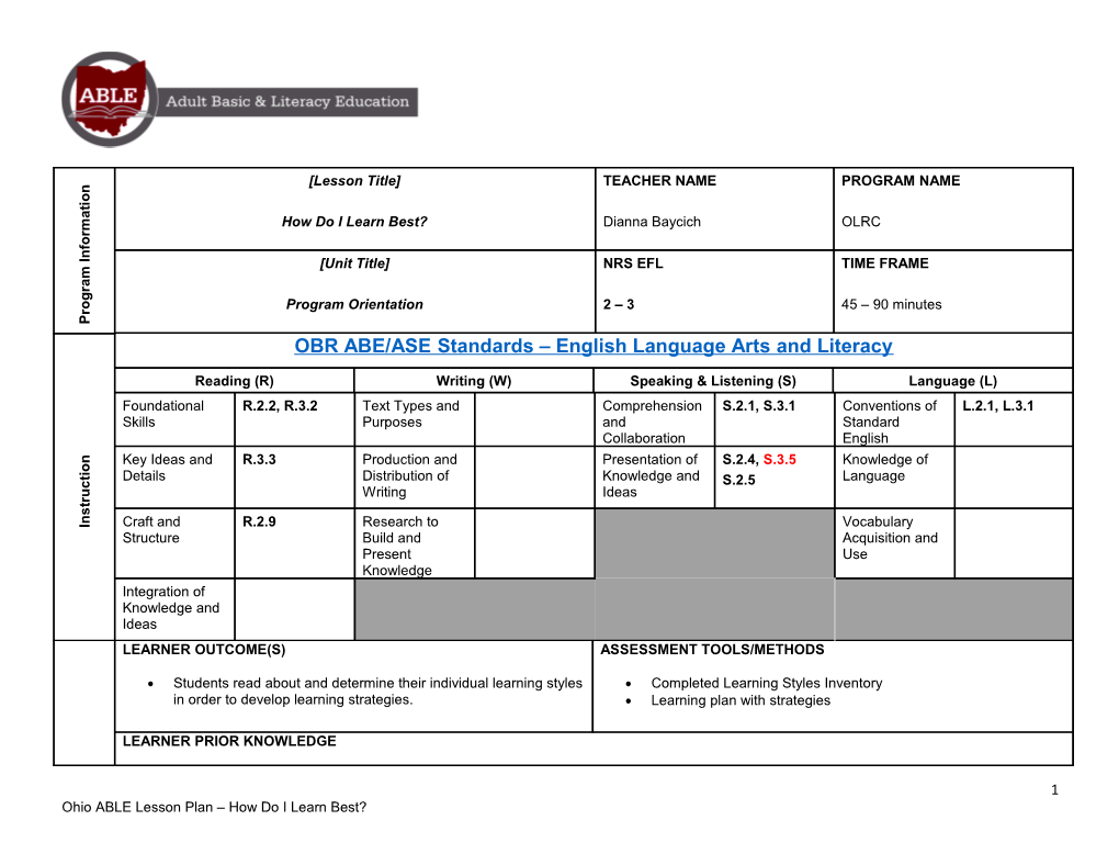 Ohio ABLE Lesson Plan How Do I Learn Best?