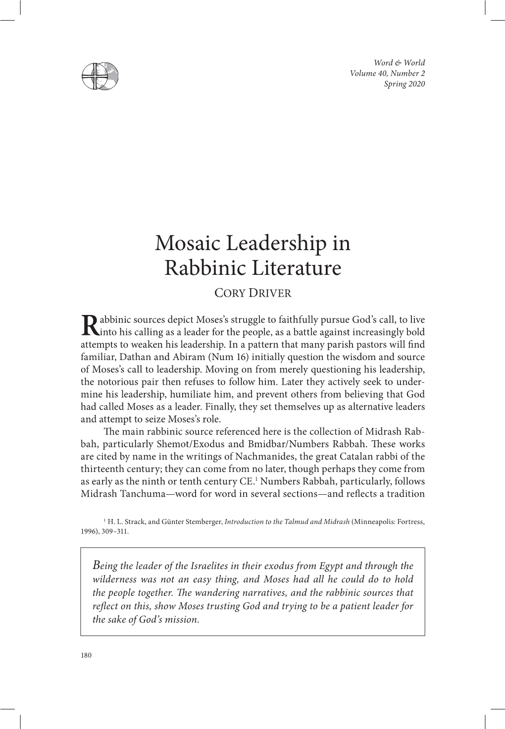 Mosaic Leadership in Rabbinic Literature CORY DRIVER