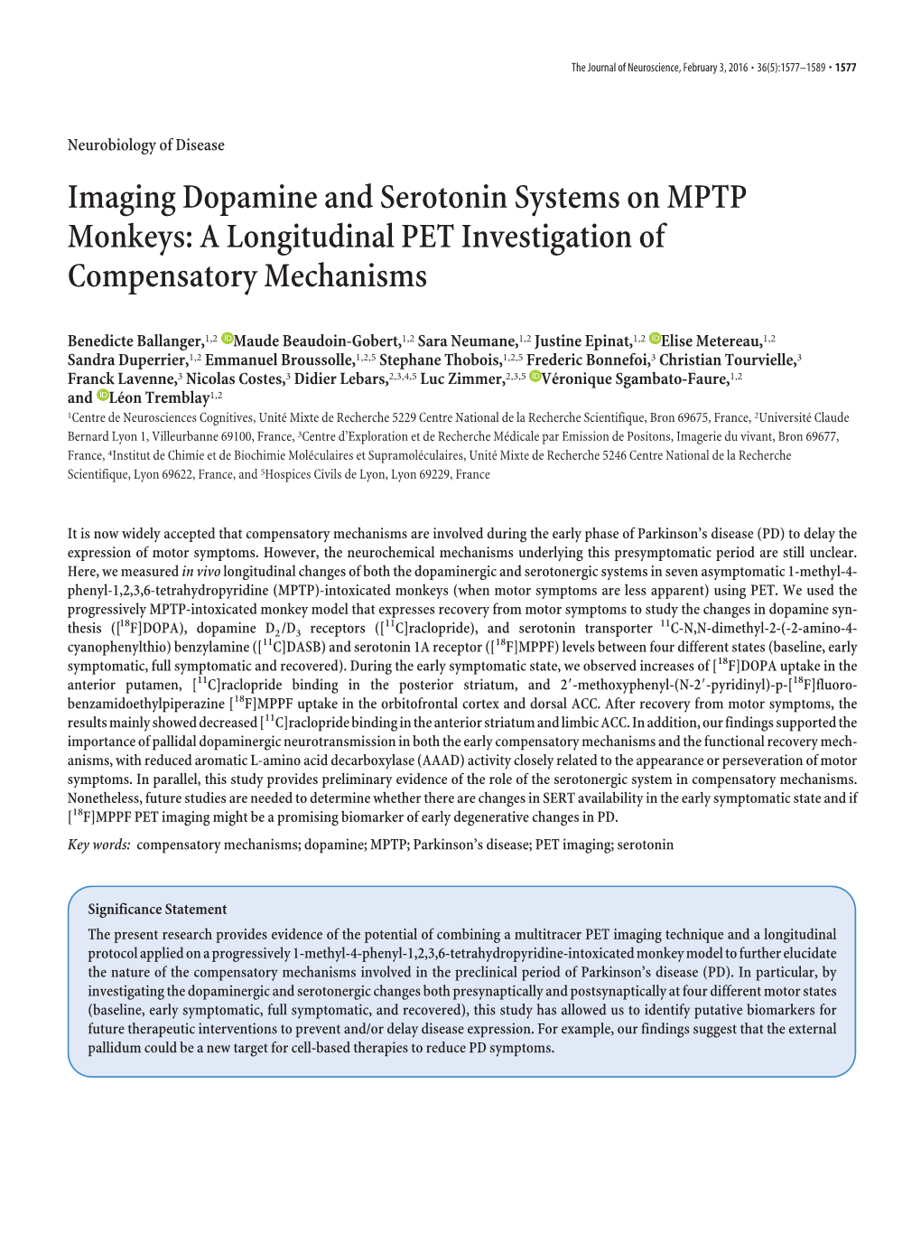 Imaging Dopamine and Serotonin Systems on MPTP Monkeys: a Longitudinal PET Investigation of Compensatory Mechanisms