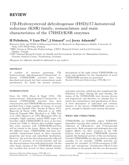 REVIEW 17Β-Hydroxysteroid Dehydrogenase (HSD)/17-Ketosteroid Reductase (KSR) Family; Nomenclature and Main Characteristics of T