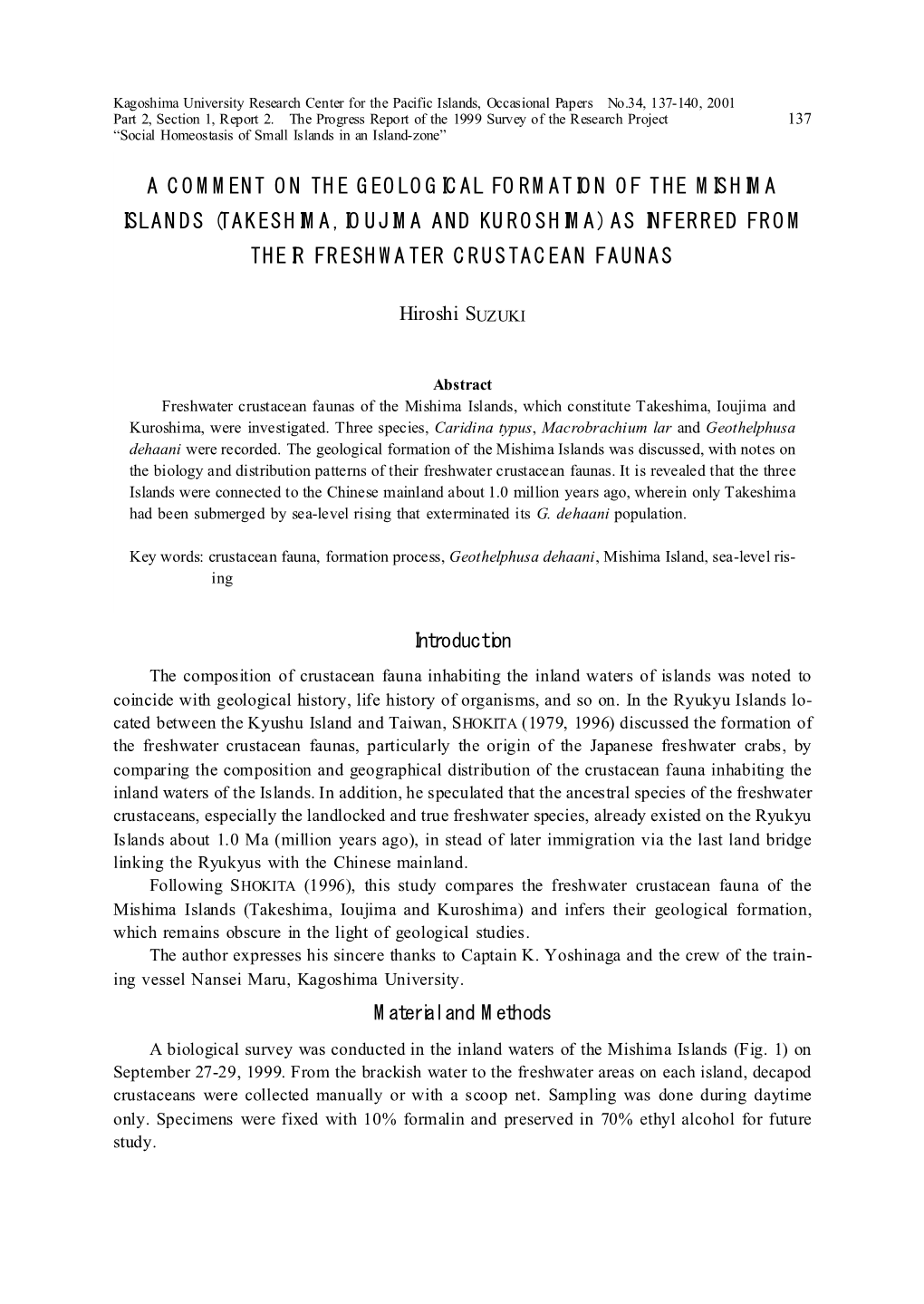 Takeshima, Ioujima and Kuroshima) As Inferred from Their Freshwater Crustacean Faunas