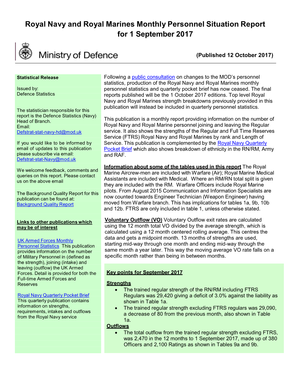 RN/RM Service Monthly Personnel Situation Report: September 2017