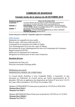COMMUNE DE BAGNEAUX Compte Rendu De La Séance Du 26 OCTOBRE 2018