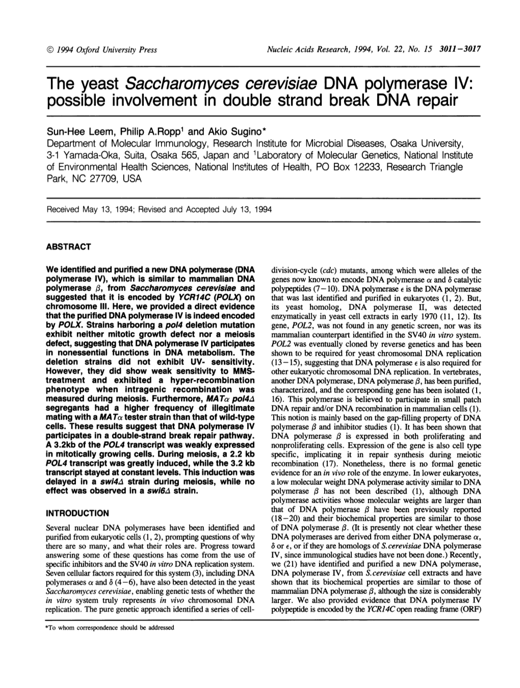 The Yeast Saccharomyces Cerevisiae DNA Polymerase IV: Possible Involvement in Double Strand Break DNA Repair