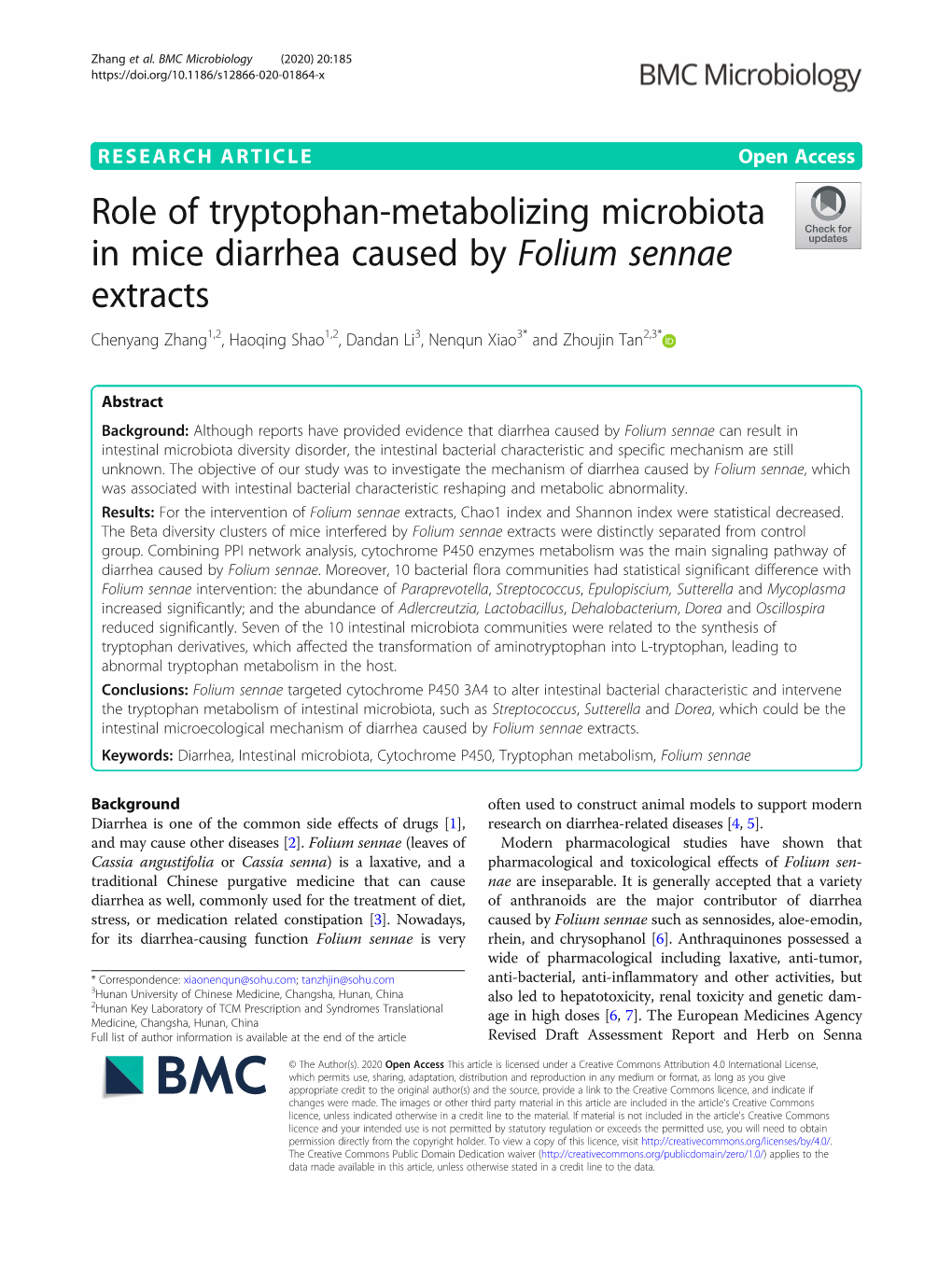 Role of Tryptophan-Metabolizing Microbiota in Mice Diarrhea Caused