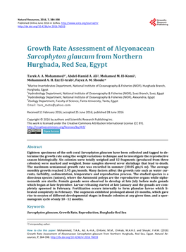 Growth Rate Assessment of Alcyonacean Sarcophyton Glaucum from Northern Hurghada, Red Sea, Egypt