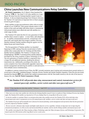 INDO-PACIFIC China Launches New Communications Relay Satellite OE Watch Commentary: on 31 March, China Launched the “Tianlian” [天链, Lit