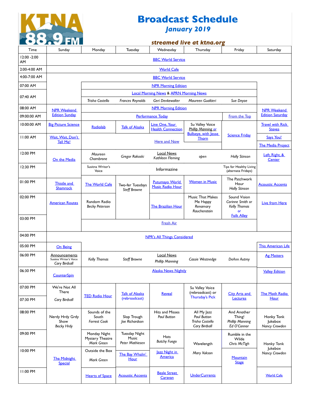 Broadcast Schedule January 2019