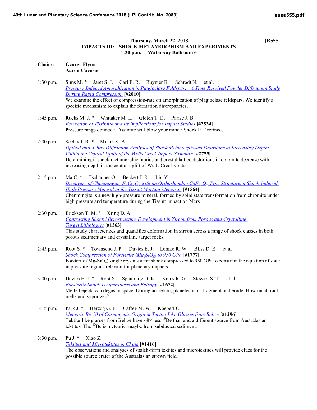 IMPACTS III: SHOCK METAMORPHISM and EXPERIMENTS 1:30 P.M