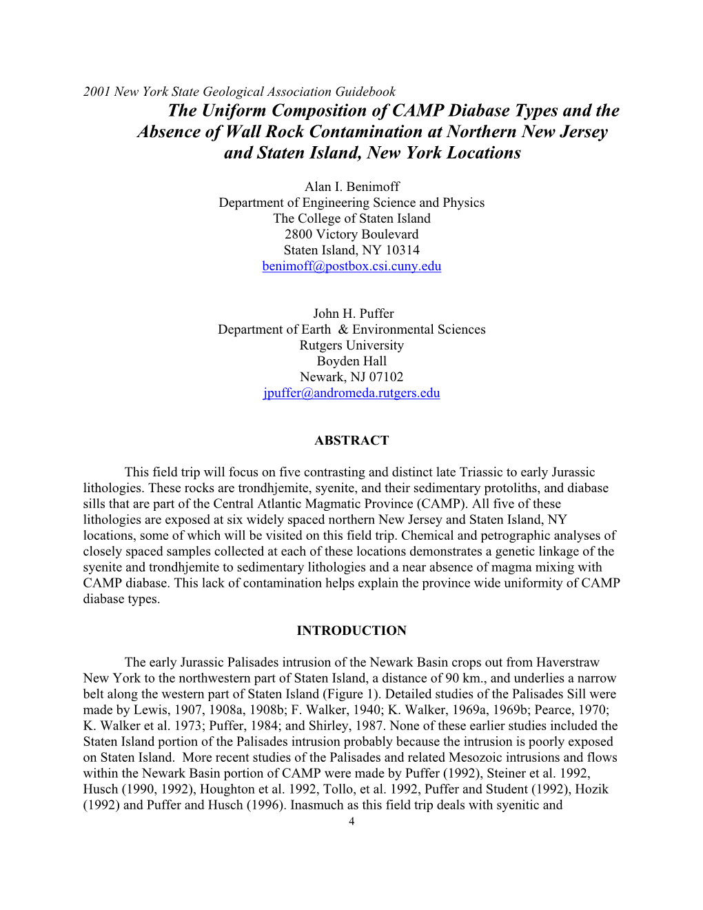 The Uniform Composition of CAMP Diabase Types and the Absence of Wall Rock Contamination at Northern New Jersey and Staten Island, New York Locations