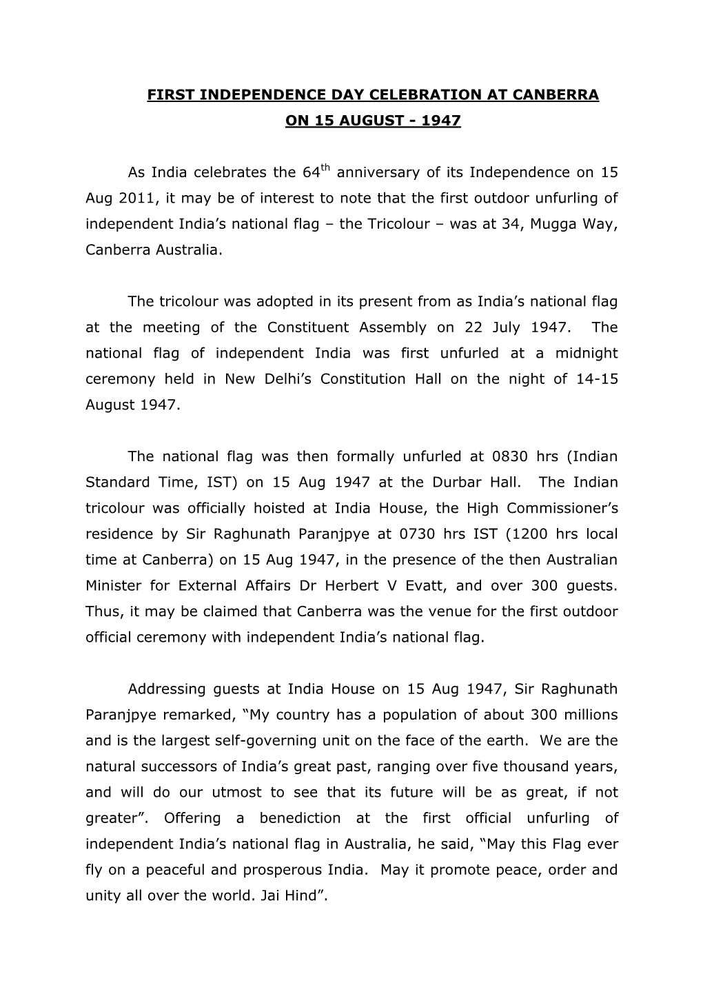 Independence Day Celebration at Canberra on 15 August - 1947