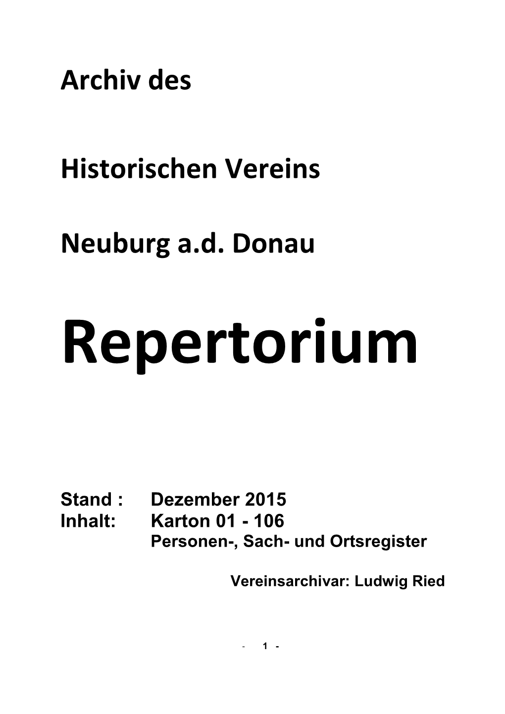 Archiv Des Historischen Vereins Neuburg A.D. Donau