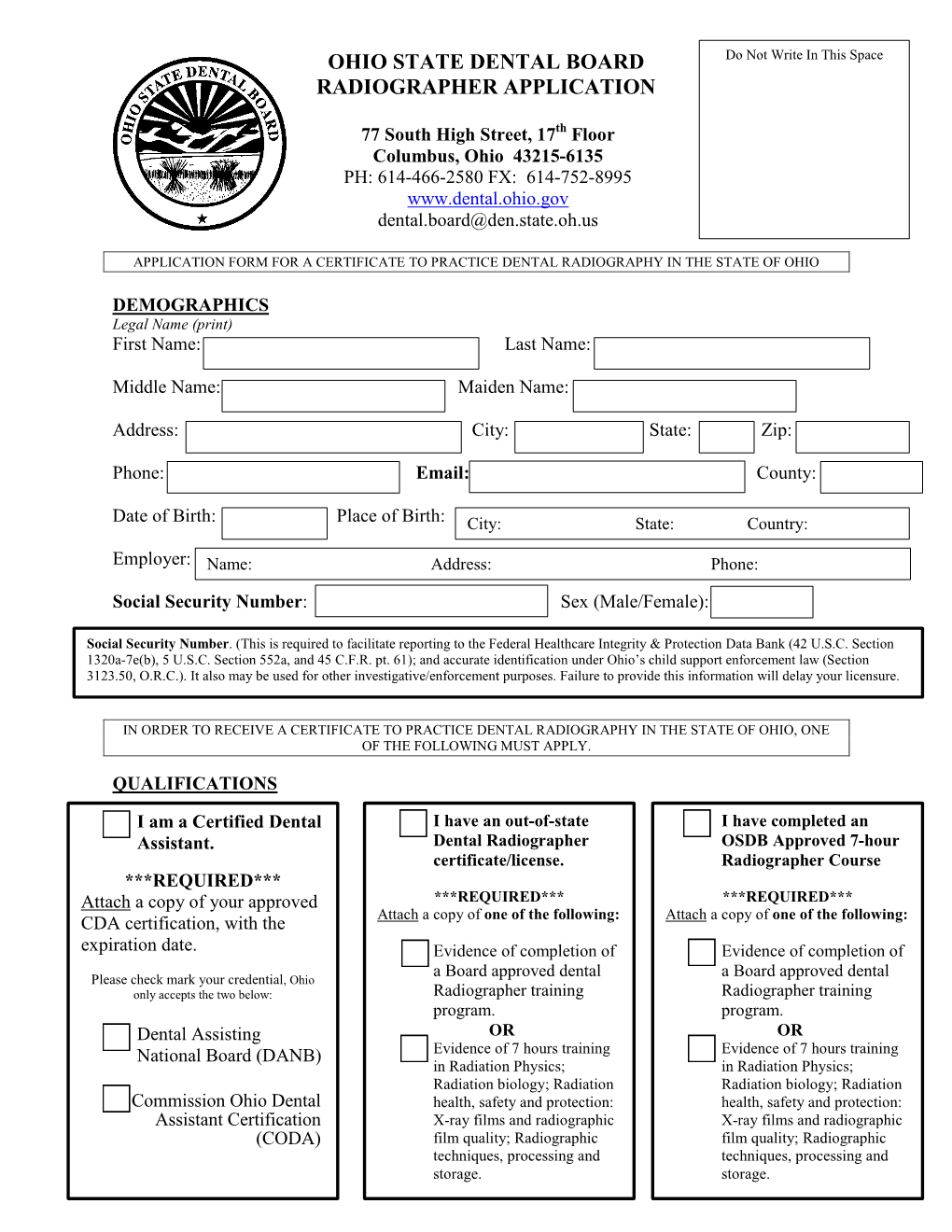 Ohio State Dental Board Radiographer Application