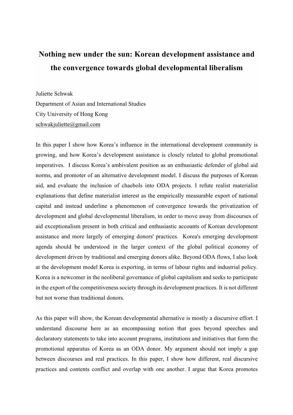 Korean Development Assistance and the Convergence Towards Global Developmental Liberalism