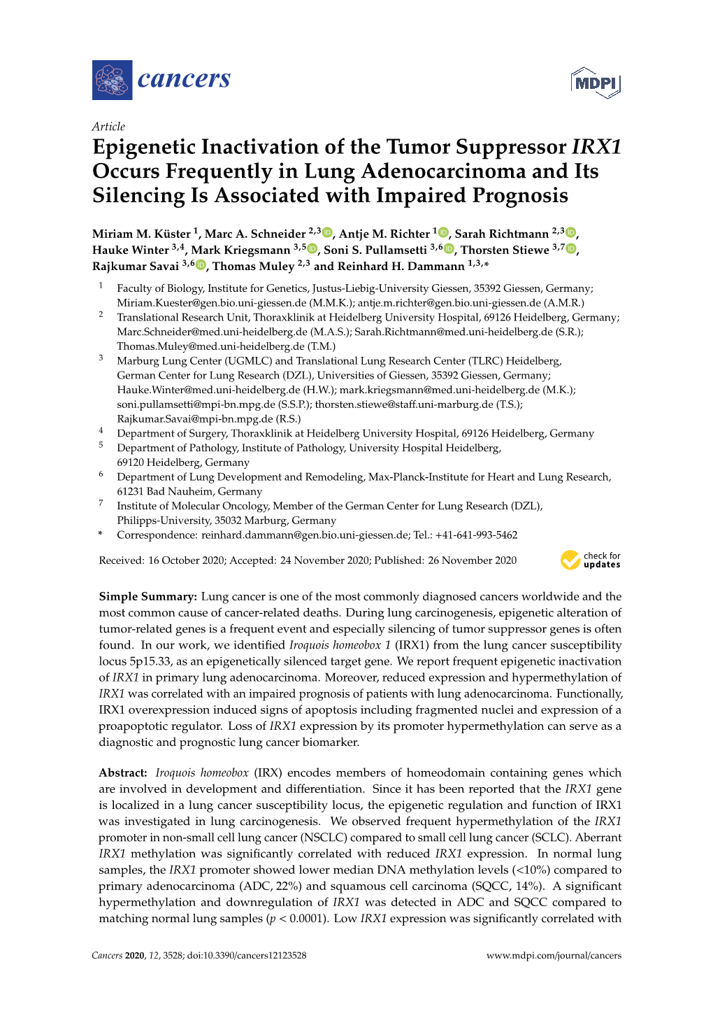 Epigenetic Inactivation of the Tumor Suppressor IRX1 Occurs Frequently in Lung Adenocarcinoma and Its Silencing Is Associated with Impaired Prognosis