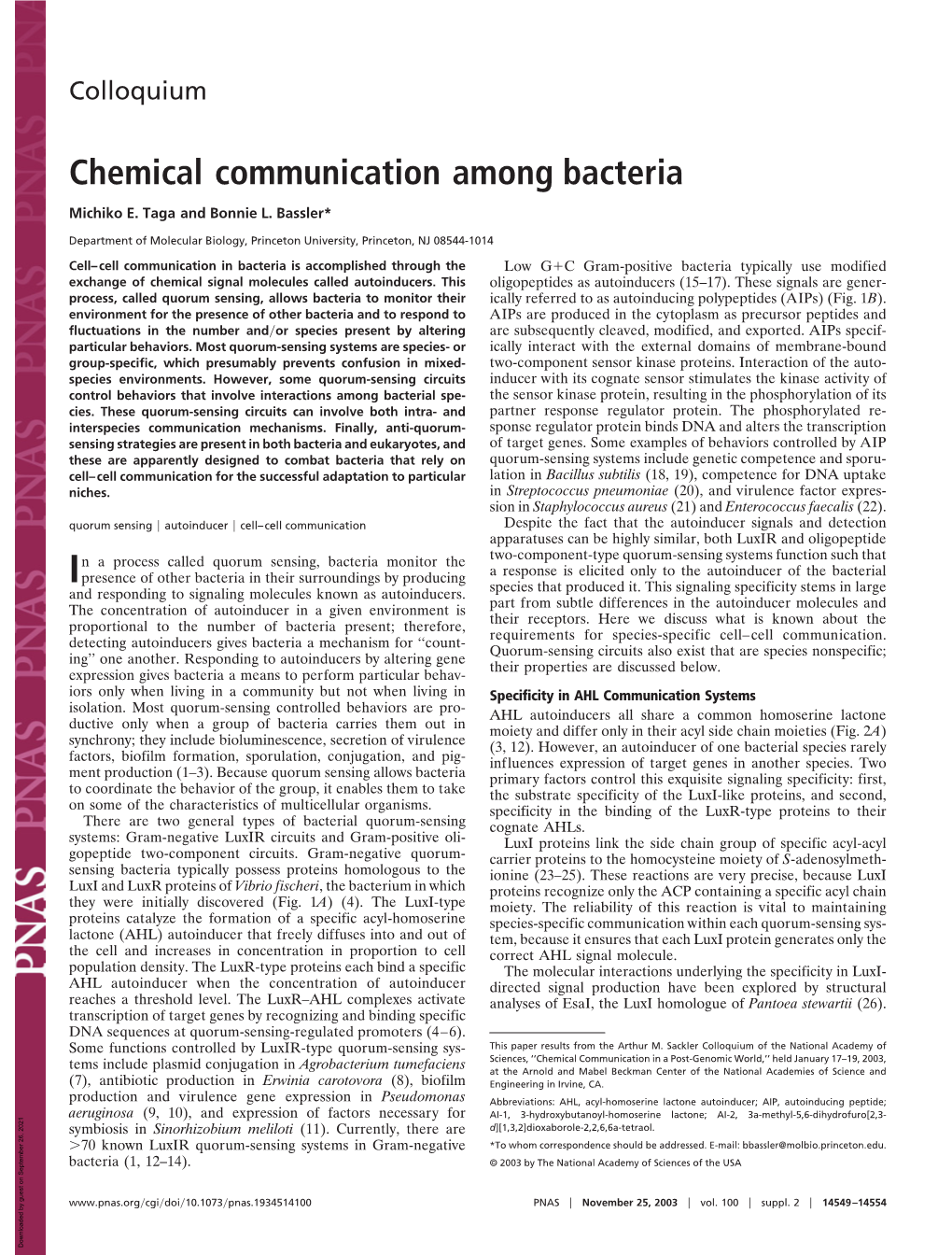Chemical Communication Among Bacteria