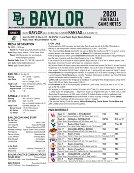 Football Game Notes Baylor Athletics Communications: 1500 S
